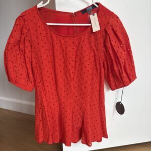 Eva Franco Women’s Top Medium Red Eyelet Puff Sleeve Scoop Neck NWT $120